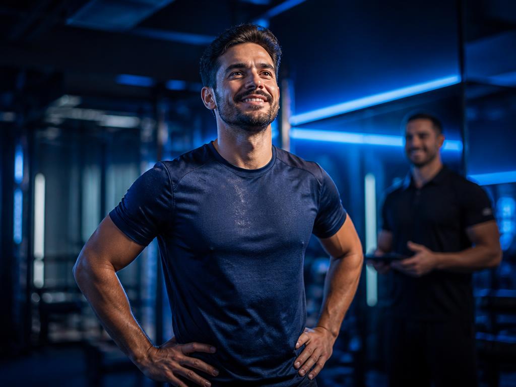 Aluno satisfeito após concluir seu treino na academia